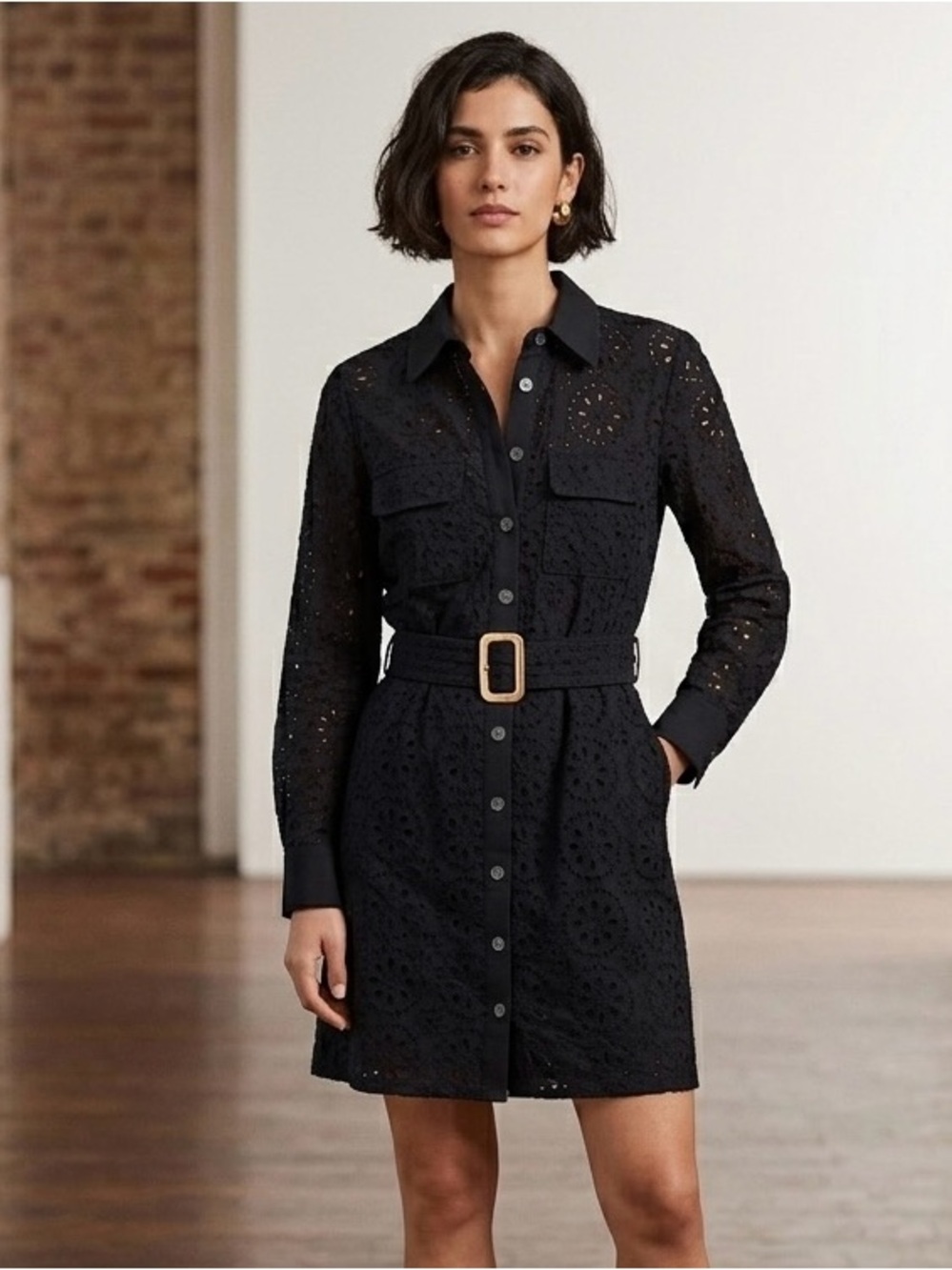 Mango Size 0 Black Swiss Eyelet Shirt Dress Belted Cottagecore Whimsygoth Mini